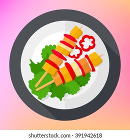 Shashlik kebab barbecue flat vector icon. Barbecue flat icon. Barbecue flat art. Barbecue icon flat long shadow web. Shashlik kebab meat pieces flat vector icon.