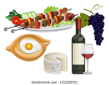 Shashlik, khachapuri, cheese, red wine and grapes. Dishes of Georgian cuisine. Vector illustration isolated on white background
