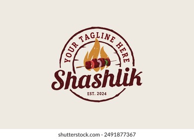 shashlik logo with a combination of a shashlik and fire in the form of an emblem for cafes, restaurants, food trucks, etc.