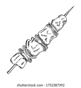 Shashlik, meat peaces on skewer with baked vegetables isolated on white background. Delicious shawarma, grilled arabic cuisine, barbecue, bbq. Vector hand drawn sketch illustration in doodle outline