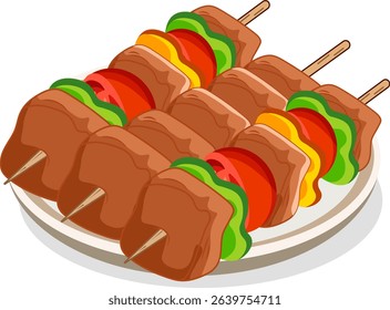 shashlik on a plate with vegetables vector