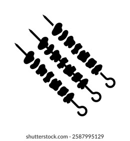 Shashlik on a skewer icon. Black silhouette. Front side view. Vector simple flat graphic illustration. Isolated object on white background. Isolate.