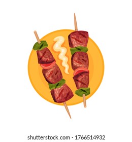 Shashlik or Slabs of Grilled Meat on Skewers Rested on Plate Vector Illustration