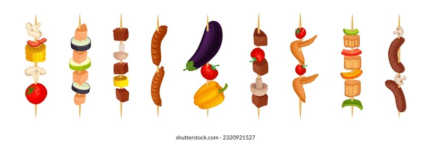 Shashlik with Wooden Skewers or Sticks with Barbecue Food Vector Set