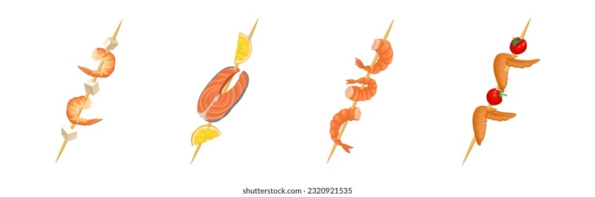 Shashlik with Wooden Skewers or Sticks with Barbecue Food Vector Set