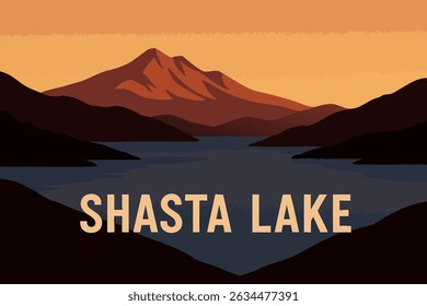 Shasta Lake at dusk offers breathtaking reflections of the surrounding mountains, with the calm waters of the lake mirroring the vibrant colors of the evening sky