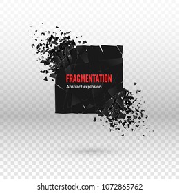 Shatter and destruction dark square effect. Abstract cloud of pieces and fragments after explosion. Vector illustration isolated on transparent background