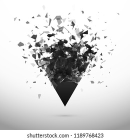 Shatter And Destruction Dark Triangle. Explosion Effect. Abstract Cloud Of Pieces And Fragments After Explosion. Vector Illustration Isolated On Gray Background