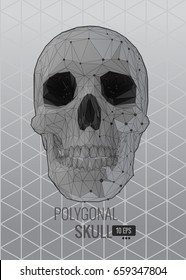 Shatter low poly vector skull front view on triangular BG with monochrome color in flat style
