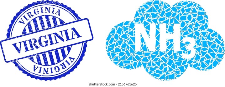 Shatter mosaic ammoniac cloud icon, and blue round VIRGINIA grunge stamp seal with caption inside circle form. Ammoniac cloud mosaic icon of fraction particles which have randomized sizes,