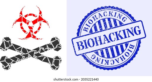 Shatter mosaic biohazard bones icon, and blue round BIOHACKING grunge stamp print with tag inside circle form. Biohazard bones mosaic icon of shard parts which have randomized sizes, and positions,