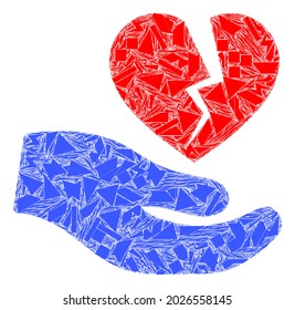 Shatter mosaic broken heart offer hand icon. Broken heart offer hand mosaic icon of shatter items which have randomized sizes, and positions, and color hues. Vector composition for abstract images.