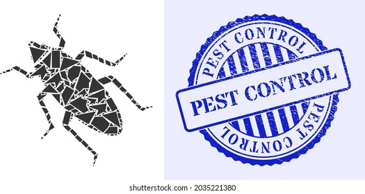 Icono de insecto de mosaico de chispa y sello de estampado redondo azul PEST CONTROL con leyenda dentro de forma redonda. Icono de mosaico de fallos de elementos de fragmentos que tienen tamaños y posiciones variables y tintos de color.