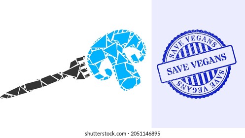 Shatter mosaic champignon fork icon, and blue round SAVE VEGANS grunge stamp imitation with caption inside round shape. Champignon fork mosaic icon of spall items which have various sizes,