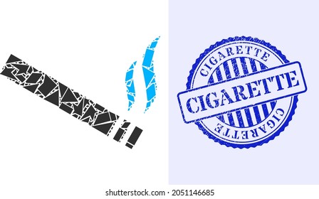 Shatter Mosaic Cigarette Smoke Icon, And Blue Round CIGARETTE Textured Stamp Imitation With Text Inside Circle Shape. Cigarette Smoke Mosaic Icon Of Shatter Items Which Have Randomized Sizes,