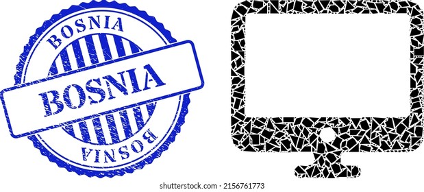 Icono de visualización de la computadora con mosaico de chispa y sello azul redondo BOSNIA corroido con palabra dentro forma redonda. Icono de collage de la pantalla del ordenador de las partes que tienen tamaños y posiciones aleatorios,