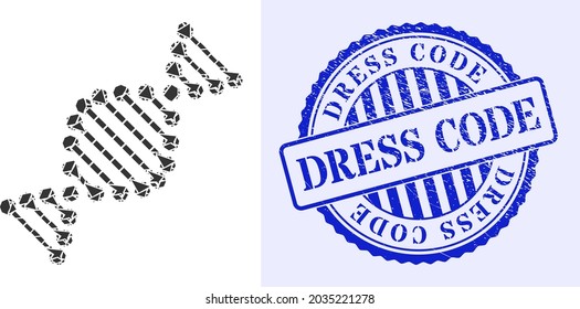 Icono de molécula de ADN de mosaico de chispa y sello de goma de CÓDIGO DRESS redondo azul con texto en forma redonda. ícono de colgamiento de moléculas de ADN de partes de chispa que tienen diferentes tamaños y posiciones,