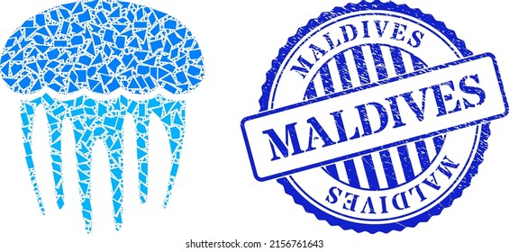 Shatter mosaic jellyfish icon, and blue round MALDIVES grunge stamp imitation with word inside round form. Jellyfish collage icon of fraction elements which have various sizes, and positions,