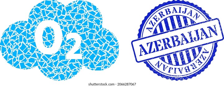 Shatter mosaic oxigen cloud icon, and blue round AZERBAIJAN rough seal with text inside round form. Oxigen cloud mosaic icon of fragment particles which have different sizes, and positions,