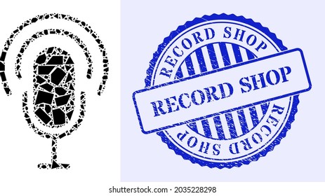 Shatter mosaic podcast icon, and blue round RECORD SHOP textured stamp seal with caption inside round form. Podcast collage icon of shards elements which have randomized sizes, and positions,