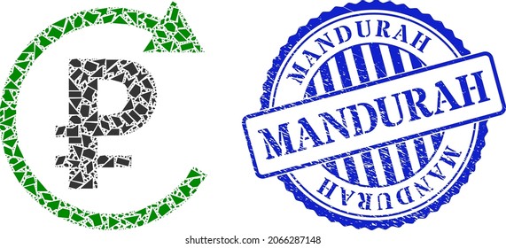 Shatter mosaic rouble repay icon, and blue round MANDURAH grunge stamp seal with tag inside round shape. Rouble repay mosaic icon of debris items which have different sizes, and positions,