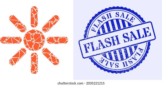 Shatter mosaic sun rays icon, and blue round FLASH SALE textured stamp imitation with caption inside round form. Sun rays mosaic icon of shards parts which have variable sizes, and positions,