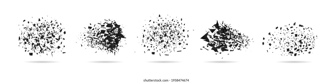 Shatter of particle. Broken glass with debris. Abstract explosion with destruction and particle. Shatter effect isolated on white background. Explode with confetti. Graphic texture of bomb. Vector.