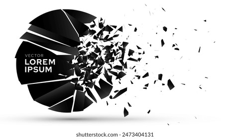 Shattered Circle Banner Explodes Isolated on White Background. Broken Shape With Cracks and Flying Fragments. Vector Illustration.