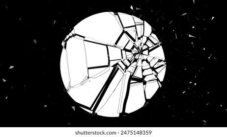 Shattered Circle Banner Explodes Isolated on Black Background. Broken Shape With Cracks and Flying Fragments. Grunge Damaged Shattered Circle. Vector Illustration.