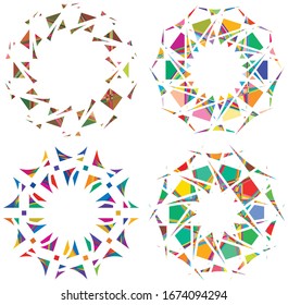 Geschlagener Kristall, Edelsteinbilder von Mandala. Crystallisierte, fragmentierte, zerbrochene Illustration. Abstrakte Tessellerform. Farbige geometrische Dekoration, Ornament 