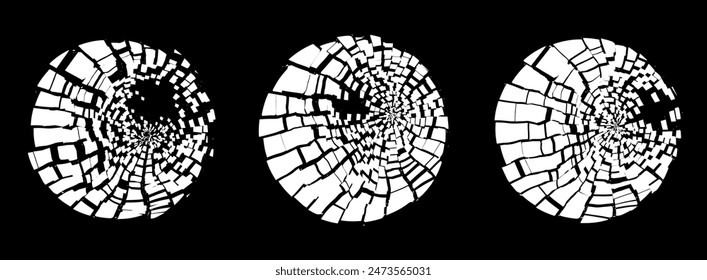 Shattered Fractured Broken Geometric Circles. Burst Explosion Impact Geometric Destruction Effect. Vector Illustration.