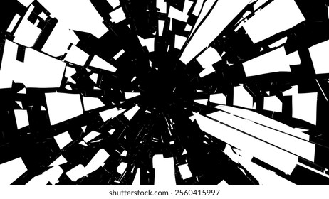 Shattered Fractured Broken Geometric Shapes Blast. Burst Explosion Impact Geometric Destruction Effect. Geometric Manga Anime Comic Book Style Explosion. Vector Illustration.