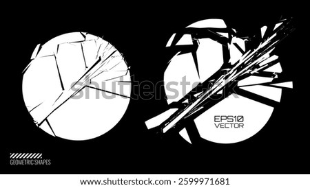 Shattered Glass Explosion Effect. Abstract Cracked Circle Shape in Different Fragmentation Stages. Black and White Broken Glass Vector Illustration for Technology, Destruction, or Impact Concepts.