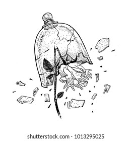 Shattered glass. Hand drawn broken wild rose in view of hands. Tattoo theme. Vector sketch illustration.