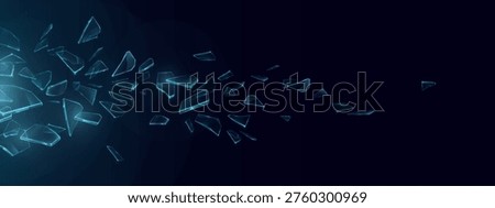 Shattered glass pieces, exploding ice crystal fragments, 3d realistic vector banner. Broken mirror shards flying on black background with dramatic crack effect. Sharp debris border