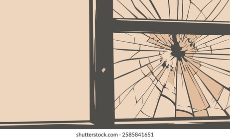 A Shattered glass window with central impact point and visible cracks spreading outward