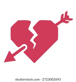 Forma de corazón destrozado perforado por el símbolo de flecha que representa el divorcio y el final de la relación
