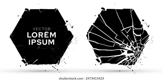 Shattered Hexagon Banner Explodes Isolated on White Background. Broken Shape With Cracks and Flying Fragments. Vector Illustration.