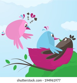 Shattered love and infidelity as a cute little pink female bird returns to the nest to find her blue male partner chatting up a stranger, vector cartoon illustration