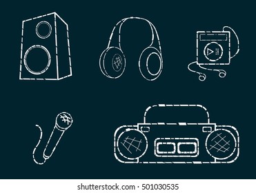 Shattered music themed icons made in minimalistic style on the dark background
