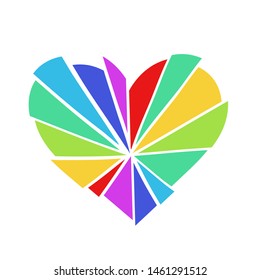 Shattered rainbow colored heart vector logo, isolated on a white background