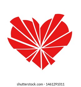Shattered red love heart icon in 15 pieces, isolated on a white background