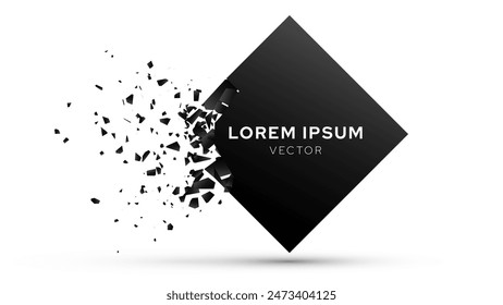 Shattered Rhombus Banner Explodes Isolated on White Background. Broken Shape With Cracks and Flying Fragments. Vector Illustration.