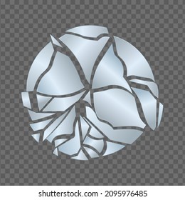 Shattered round broken mirror isolated. Glass crushed to smithereens from impact severe damage with cracks and splinters collapse of dreams and decline of vector business.