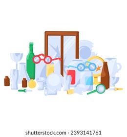 Objetos rotos no deseados y destrozados apilados en grandes pilas. Montón de la vieja industria del vidrio roto. Problema de contaminación por residuos de vidrio. Concepto simple del vector de dibujos animados aislado en fondo blanco