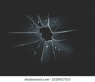 Shattered window or screen template with cracks or fractures. Vector texture of realistic destruction hole in damaged glass. Broken hard brittle transparent translucent nanocrystalline solid surface