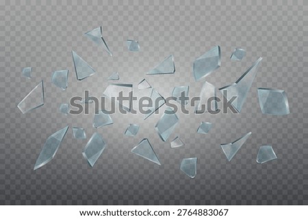 Shattering glass fragments flying in dynamic destruction on transparent background