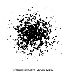 Shatters and debris in radial shape. Black broken pieces, specks, speckles and particles. Abstract explosion and burst element. texture. Vector illustration 