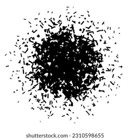 Shatters and debris in radial shape. Black broken pieces, specks, speckles and particles. Abstract explosion and burst textured element. Vector illustration 