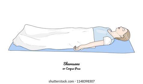 Shavasana or Corpse Pose with a blanket. Yoga Practice. Vector.   